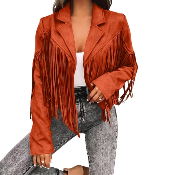 APEXFWDT Fringe Jacket For Women Spring Fall Western Cropped Jacket Trendy Tassel Motorcycle Crop Coats,S,Orange