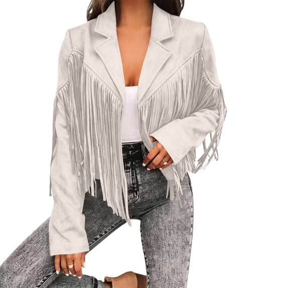 APEXFWDT Fringe Jacket For Women Spring Fall Western Cropped Jacket Trendy Tassel Motorcycle Crop Coats,XL,Beige