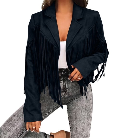 APEXFWDT Fringe Jacket For Women Spring Fall Western Cropped Jacket Trendy Tassel Motorcycle Crop Coats,XL,Black