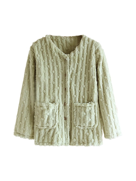 Fuzzy Fleece Sleep Jacket for Women Round Neck Button‑Front Textured Dot House Coat with Pockets, Long Sleeve Warm Loungewear Bed Jacket