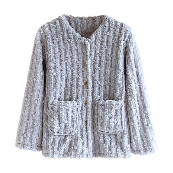APEXFWDT Fuzzy Fleece Sleep Jacket for Women Round Neck Button‑Front Textured Dot House Coat with Pockets, Long Sleeve Warm Loungewear Bed Jacket
