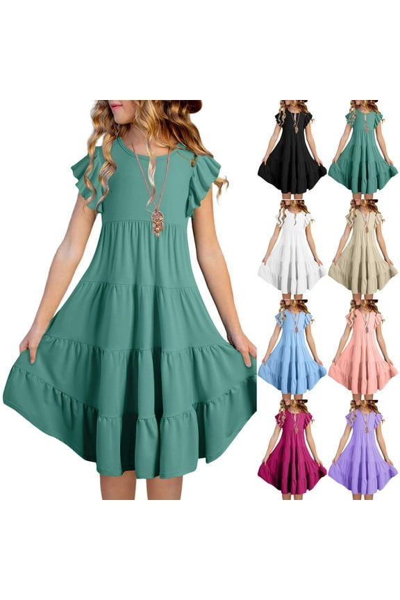APEXFWDT Girls Dresses Summer Flutter Sleeve Tiered Formal Party Dress Tween Girl A-line Sundress Casual Beach Dresses