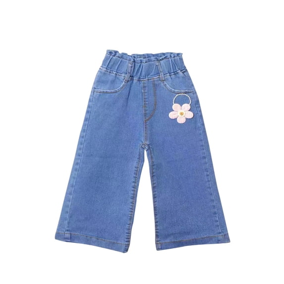 APEXFWDT Girls Jeans Denim Elastic Wasit Wide Leg Baggy Pants Kids Baby Little Girl Casual Printed Jeans Clothes 2-8 Years