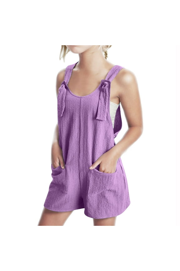 Girls Romper Overall Shorts Sleeveless Adjustable Tie-Up Strap Short Jumpsuits Fashion Rompers Summer Clothes with Pocket