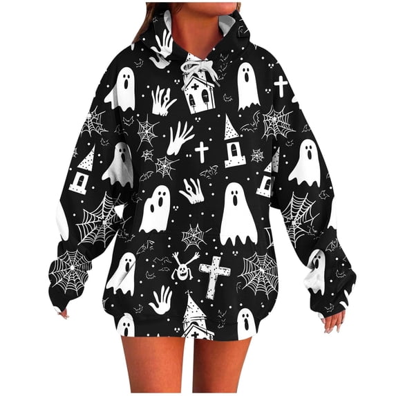 APEXFWDT Halloween Hoodie for Women Halloween Graphic Oversized Sweatshirt Long Sleeve Novelty Pullover Top