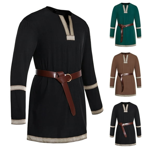 APEXFWDT Halloween Men's Medieval Pirate Shirts Scottish Wide Cuff Shirt Mens Long Sleeve Renaissance Pirate Viking Tunic Knight Shirts with Belt