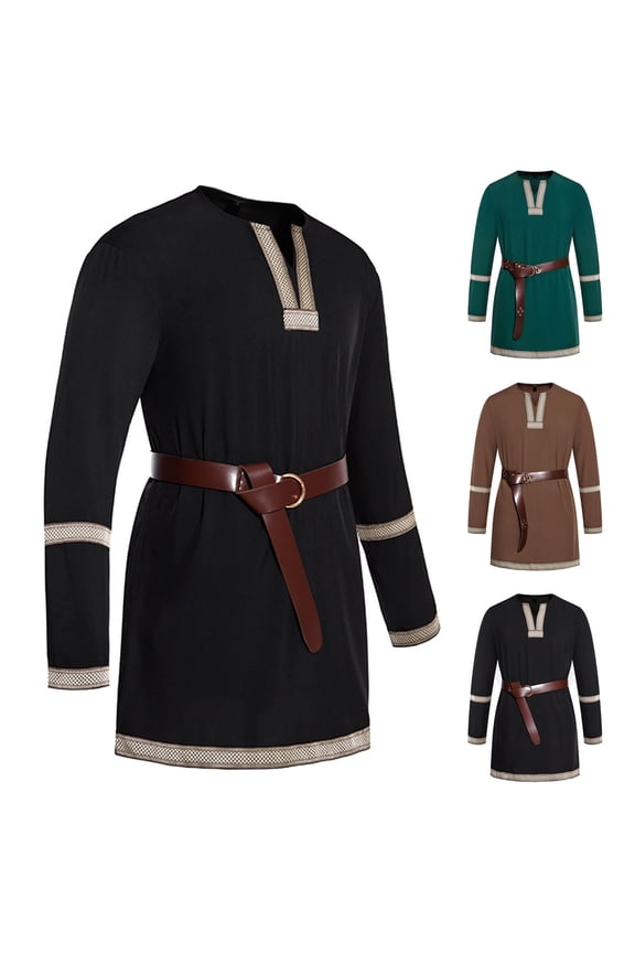 Halloween Men's Medieval Pirate Shirts Scottish Wide Cuff Shirt Mens Long Sleeve Renaissance Pirate Viking Tunic Knight Shirts with Belt