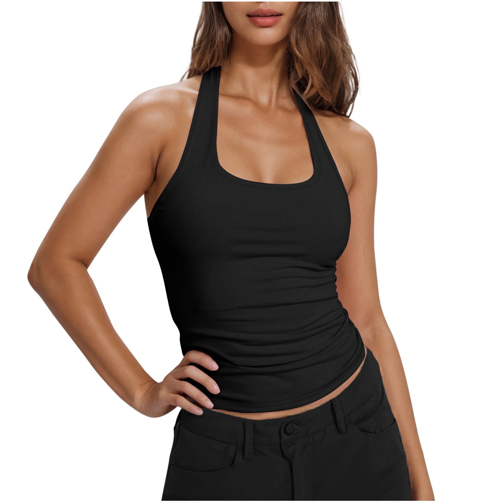 APEXFWDT Halter Tops for Women Going Out Tops Deep Scoop Neck Low