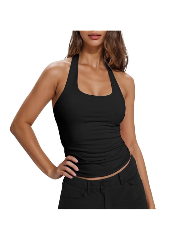 Halter Tops for Women Going Out Tops 2025 Deep Scoop Neck Low Cut Backless Tank Top Summer Fashion Sleeveless Crop Tops,L,Black