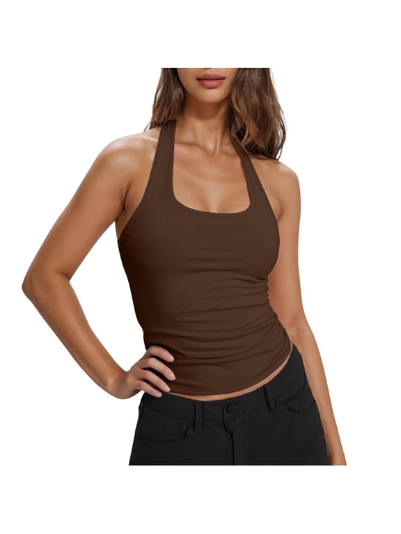 Halter Tops for Women Going Out Tops Deep Scoop Neck Low Cut Backless Tank Top Summer Fashion Sleeveless Crop Tops,S,Brown