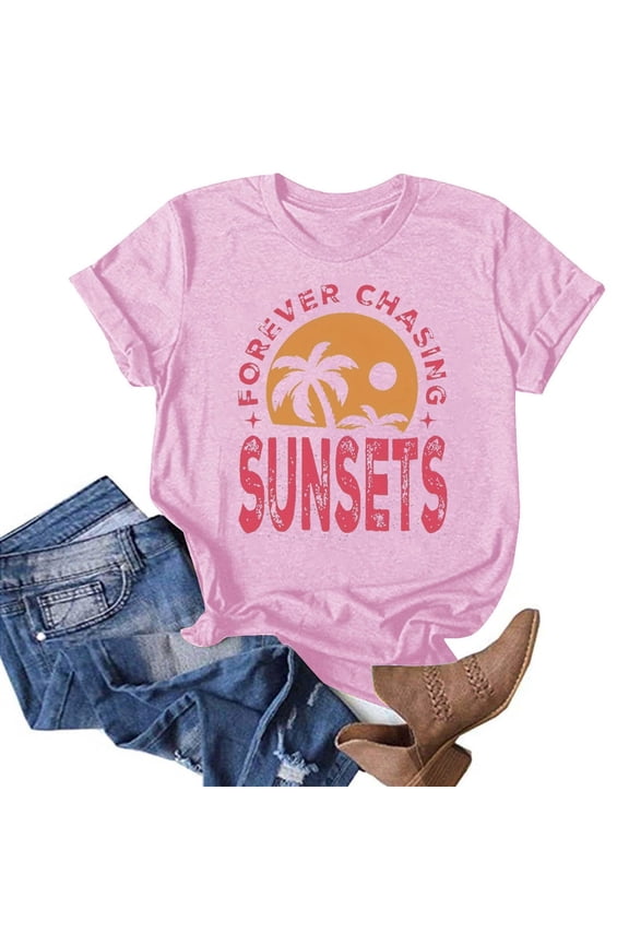 APEXFWDT Hawaiian Shirts for Women Palm Trees Beach Graphic Tee Tops Summer Vacation Short Sleeve Holiday Tee Shirt