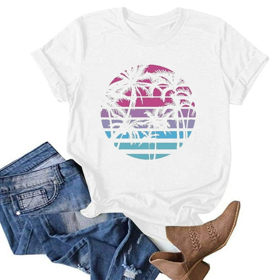 APEXFWDT Hawaiian Shirts for Women Palm Trees Graphic Tees Summer Beach Vacation Tops Short Sleeve Casual Tshirt