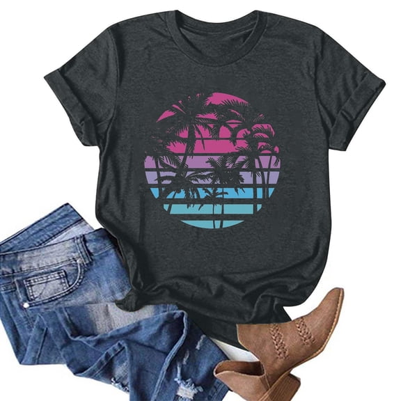 APEXFWDT Hawaiian Shirts for Women Palm Trees Graphic Tees Summer Beach Vacation Tops Short Sleeve Casual Tshirt