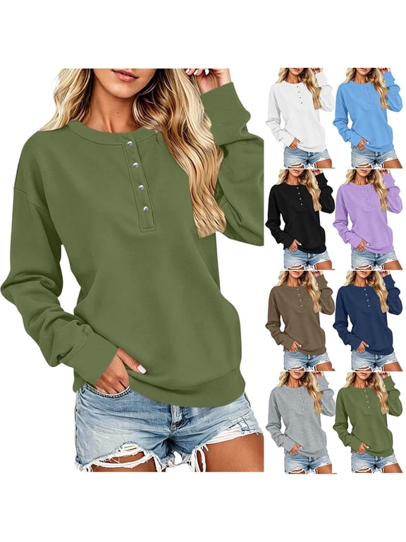 Henley Tops for Women Snap Button Down Long Sleeve Sweatshirts Casual Crew Neck Sweater Pullover Fall Shirts,L,Army Green