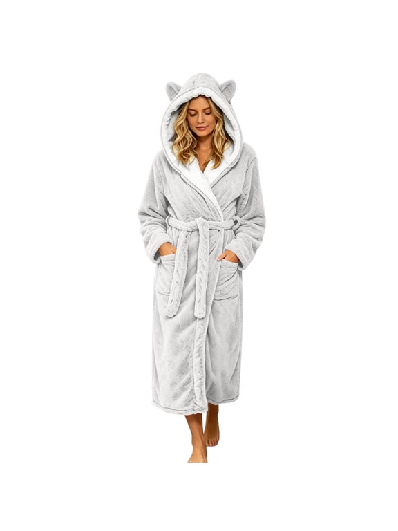 Hooded Fleece Robe Women Soft Fuzzy Plush Bathrobe Cute Warm Long House Coat for Bath Spa Shower,L,Gray