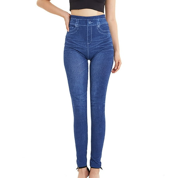 APEXFWDT Imitation Denim Jeggings for Women High Waisted Printed Jeans Leggings Soft Stretch Skinny Pants, Free Size
