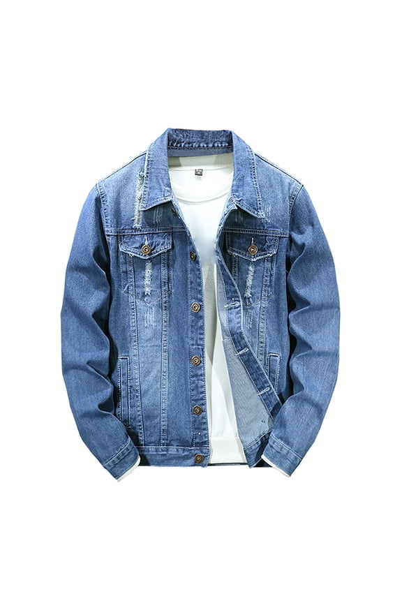 APEXFWDT Jean Jacket for Men Ripped Denim Jacket Coat Distressed Destroyed Classic Trucker Jacket Fashion Trendy Jean Jackets Blue