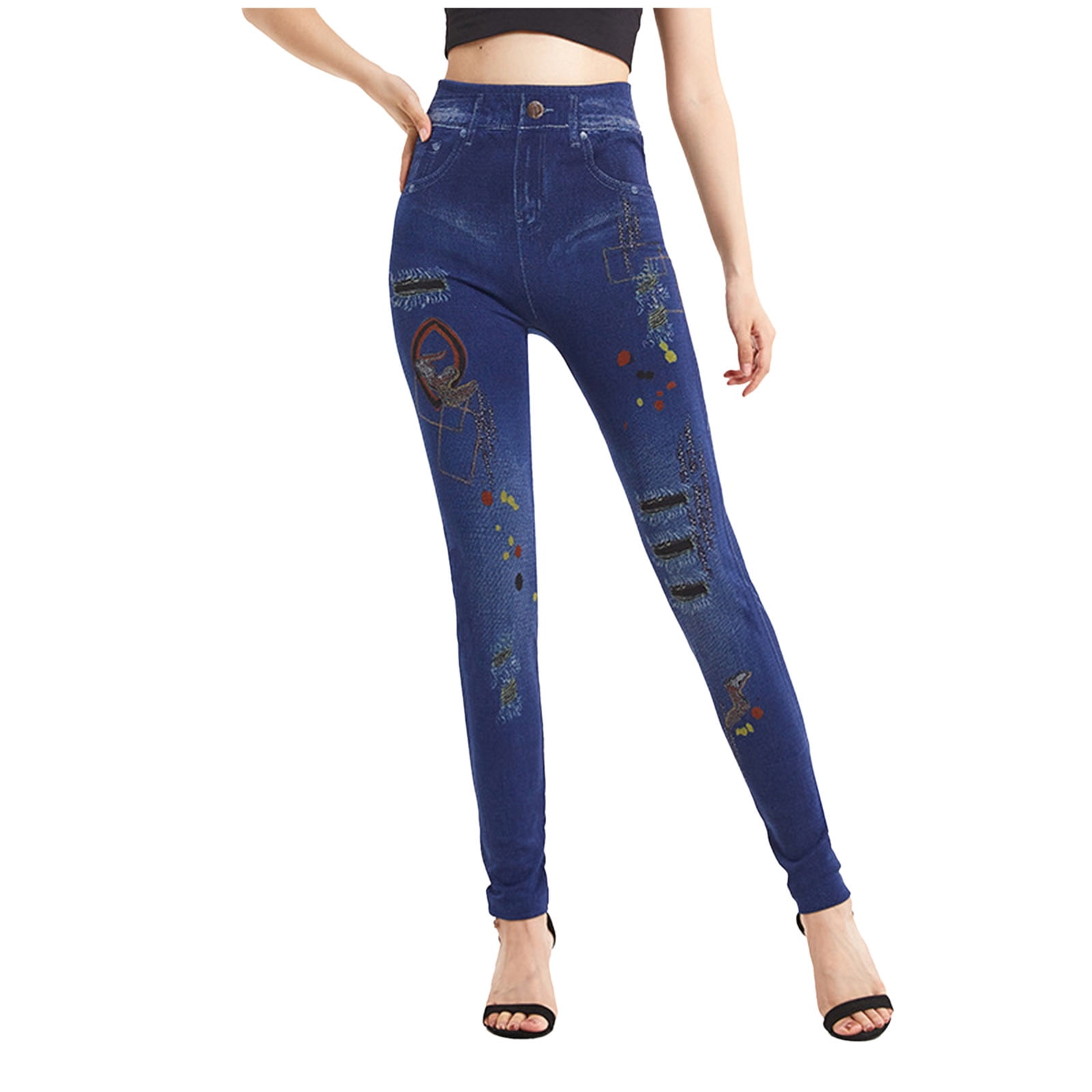 APEXFWDT Jeggings for Women Tummy Control Pull on Stretchy Imitation Jeans High Waisted Denim Printed Leggings Trendy Casual Pants