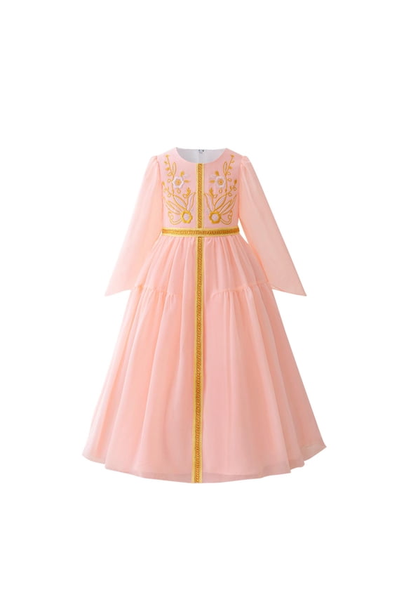 Kids Girls Gold Embroidered Muslim Dress Abaya Long Sleeve Eid Robe Prayer Clothes for Girls Casual Maxi Dress Dubai Islamic Dress 4-8 Years
