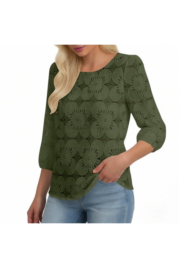 Lace 3/4 Sleeve Blouse for Women Hollow Out Crew Neck Casual Dressy Tops Work Shirt,XXL,Army Green