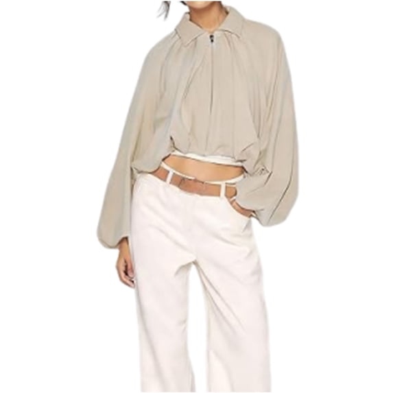 APEXFWDT Light Bomber Jacket Women Full Zip Long Sleeve Jacket Pleated Bell Sleeve Casual Fashion Outerwear