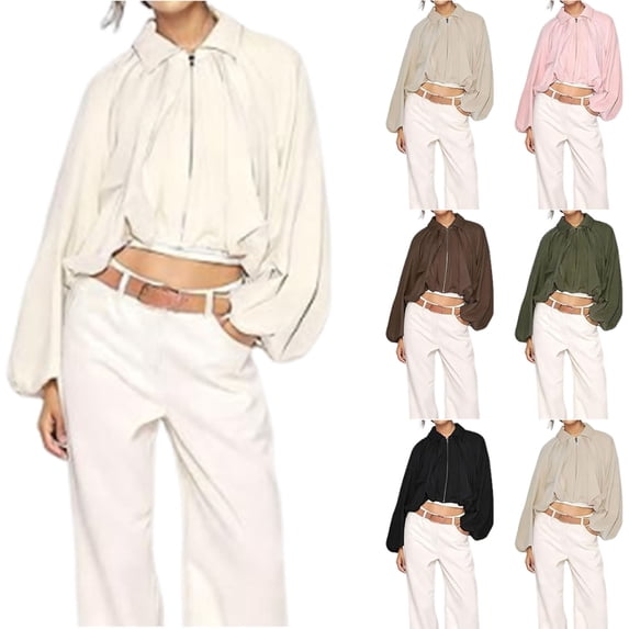 APEXFWDT Light Bomber Jacket Women Full Zip Long Sleeve Jacket Pleated Bell Sleeve Casual Fashion Outerwear