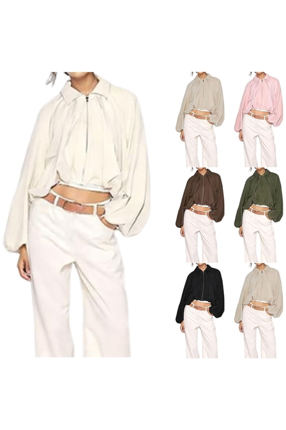 Light Bomber Jacket Women Full Zip Long Sleeve Jacket Pleated Bell Sleeve Casual Fashion Outerwear