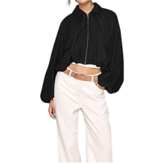 APEXFWDT Light Bomber Jacket Women Full Zip Long Sleeve Jacket Pleated Bell Sleeve Casual Fashion Outerwear