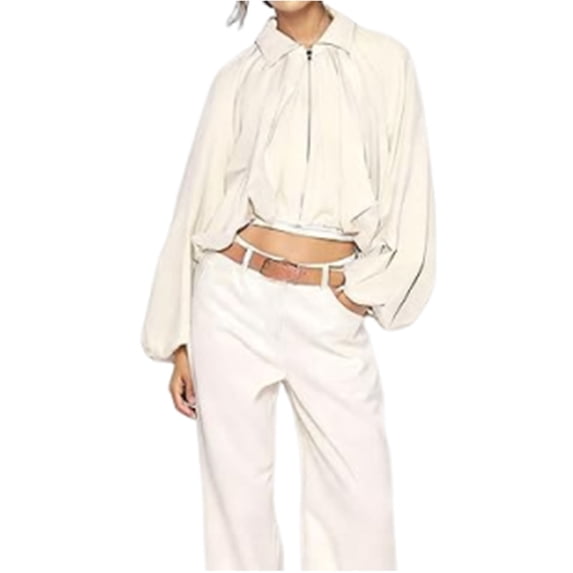 APEXFWDT Light Bomber Jacket Women Full Zip Long Sleeve Jacket Pleated Bell Sleeve Casual Fashion Outerwear