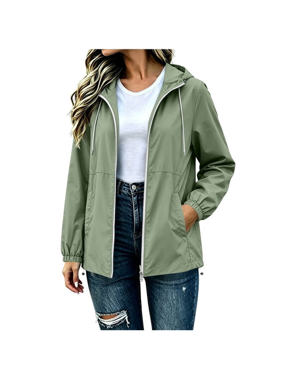 Light Windbreaker Jacket Women Waterproof Rain Jacket Full Zip Hooded Raincoat Active Outdoor Jacket,M,Green