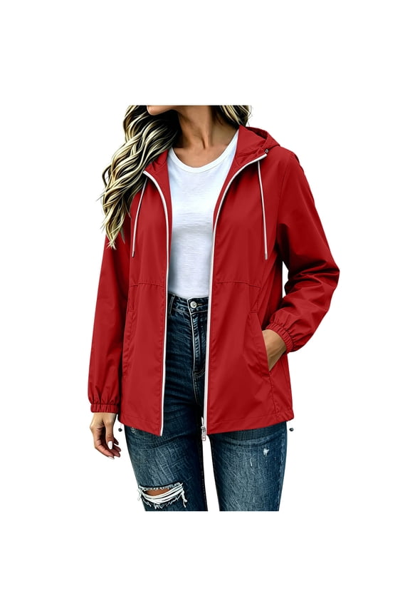 Light Windbreaker Jacket Women Waterproof Rain Jacket Full Zip Hooded Raincoat Active Outdoor Jacket,M,Red