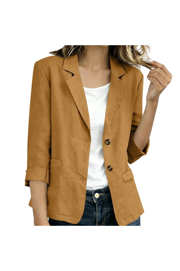 Lightweight Blazer for Women Button Down Cropped Linen Jacket Casual 3/4 Sleeve Spring Summer Work Jackets,M,Gold