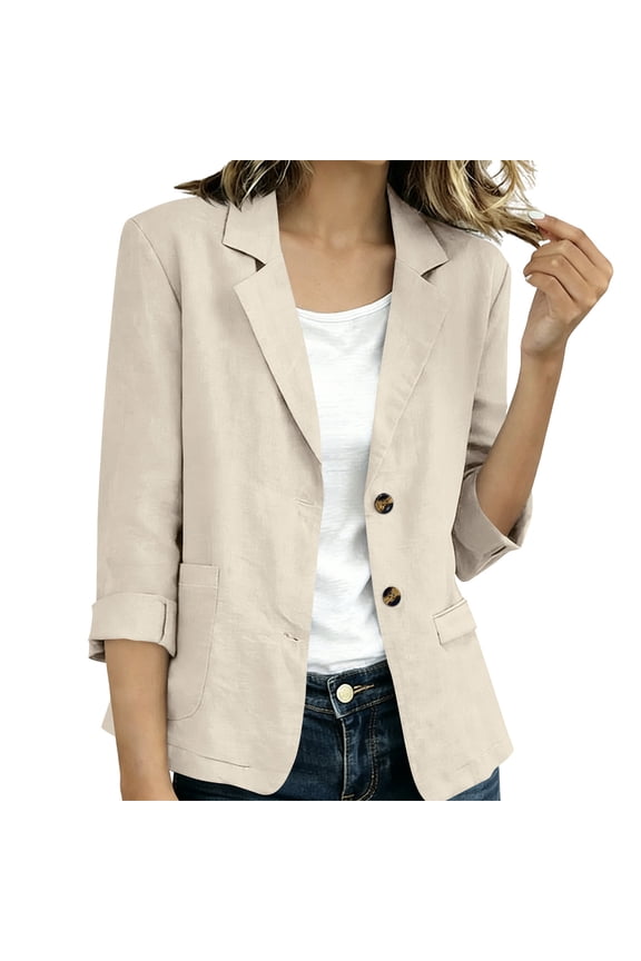 Lightweight Blazer for Women Button Down Cropped Linen Jacket Casual 3/4 Sleeve Spring Summer Work Jackets,XXL,Beige