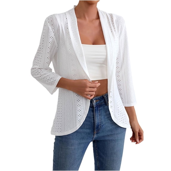 APEXFWDT Lightweight Eyelet Cardigans Women 3/4 Sleeve Open Front Blazer Casual Soft Draped Cardigan for Office Work,L,White