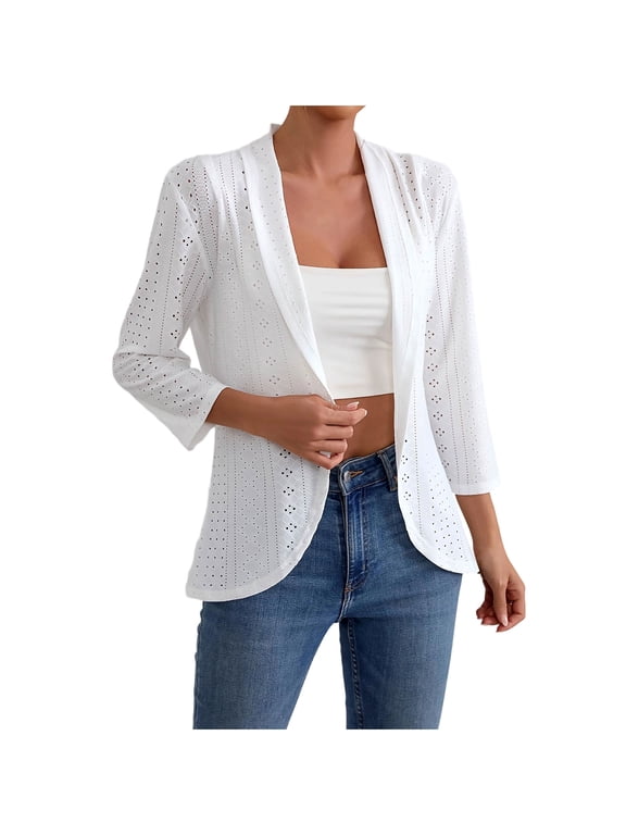 Lightweight Eyelet Cardigans Women 3/4 Sleeve Open Front Blazer Casual Soft Draped Cardigan for Office Work,L,White