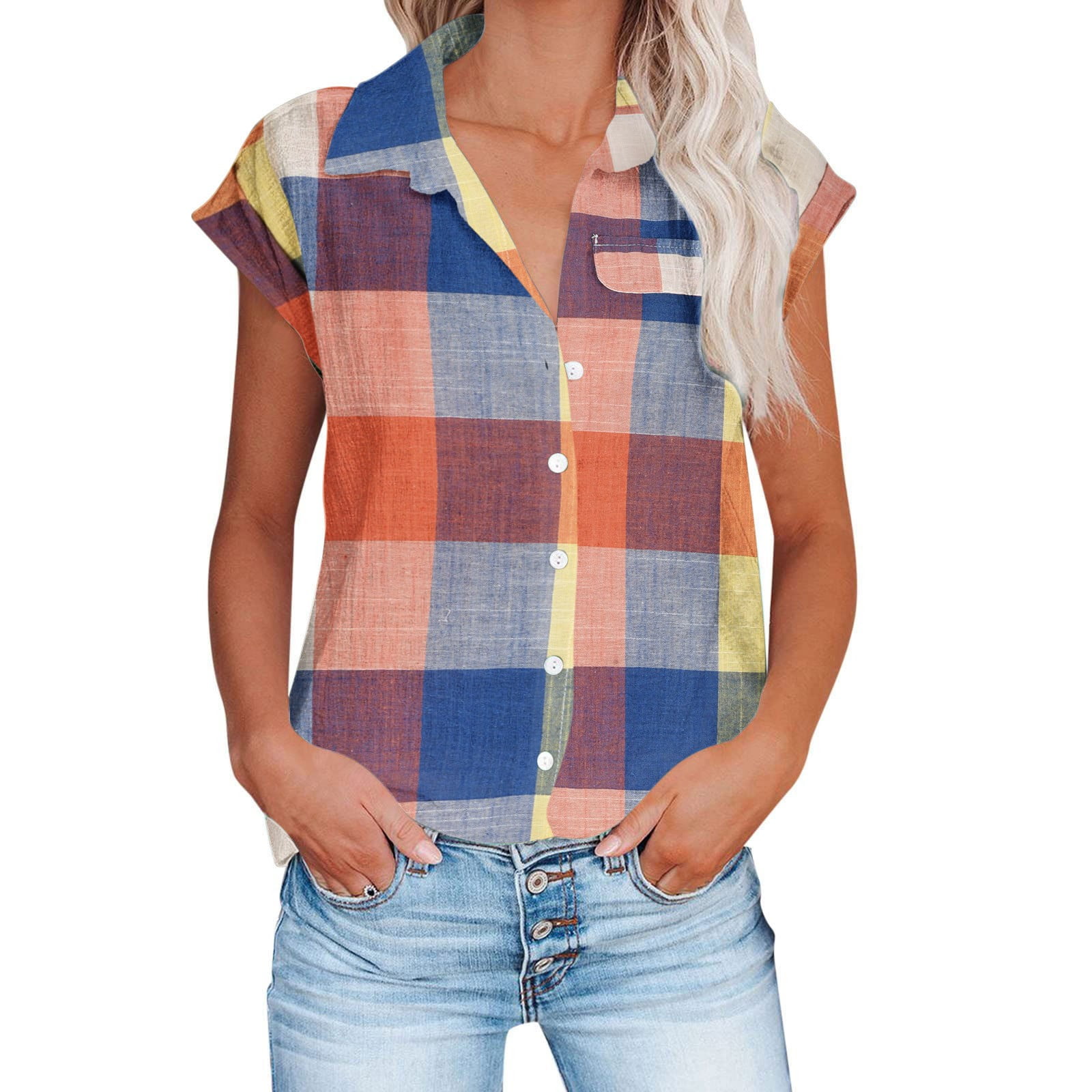 APEXFWDT Linen Button Down Shirt for Women Cotton Short Sleeve V Neck ...