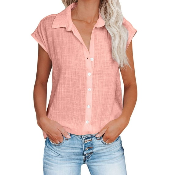 APEXFWDT Linen Button Down Shirt for Women Cotton Short Sleeve V Neck Collared Blouses Summer Beach Tops Casual Solid Basic Blouse Shirt S-L3