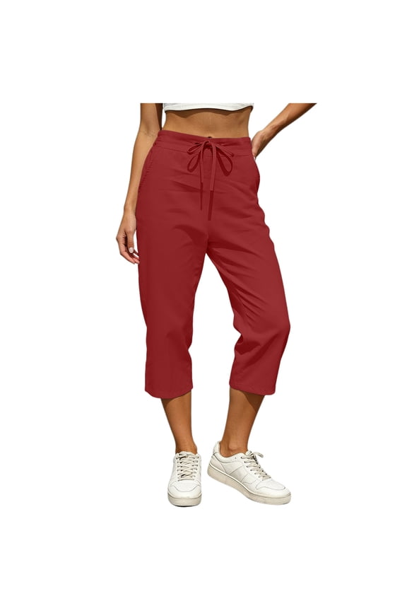 Linen Capris for Women Casual Cuffed Capri Elastic Drawstring Waist Summer Cropped Pants,XXL,Red