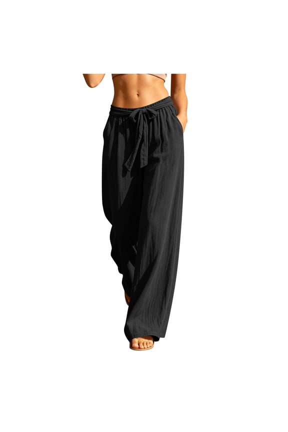 Linen Pants Women Belted Wide Leg Trousers Casual Lightweight Summer Pants Resort Wear with Pockets,XXL,Black