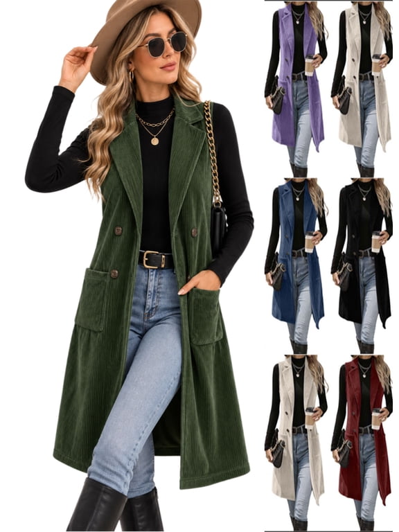 Long Blazer Vest for Women Lapel Sleeveless Double Breasted Open Front Waistcoat Casual Fall Outerwear