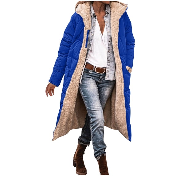 APEXFWDT Long Hooded Puffer Coat Women Sherpa Lined Open Front Winter Jacket Warm Casual Outerwear with Pockets