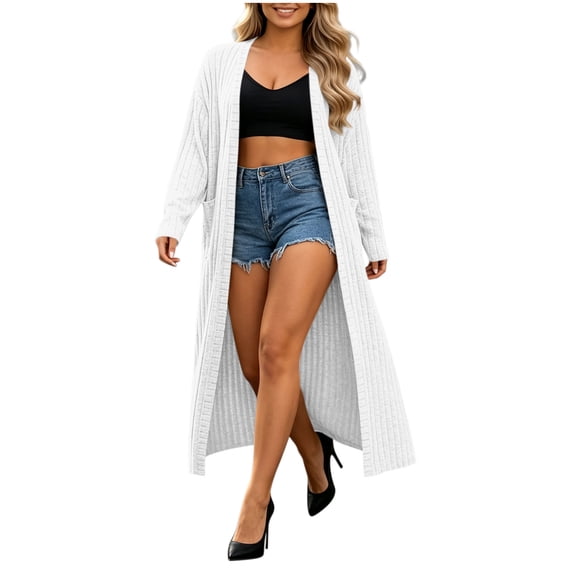 APEXFWDT Long Ribbed Cardigan Women Open Front Long Sleeve Maxi Duster Knit Sweater with Pockets