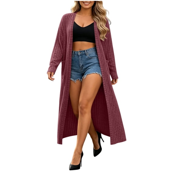 APEXFWDT Long Ribbed Cardigan Women Open Front Long Sleeve Maxi Duster Knit Sweater with Pockets