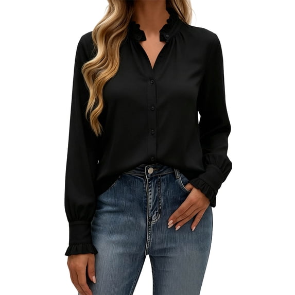 APEXFWDT Long Sleeve Dressy Casual Shirts Women Button Down Ruffle Collar Shirts Ladies Business Office Work Tops,S,Black