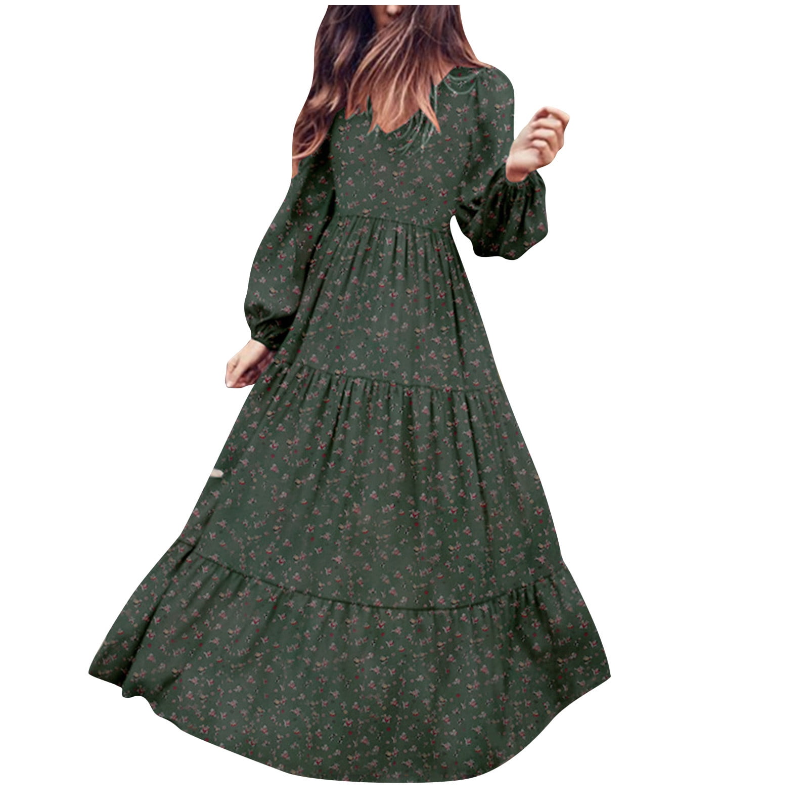 APEXFWDT Long Sleeve Maxi Dress for Women - V Neck Casual Boho Floral Print  Fall Long Dresses Women Floral Tiered Smocked Long Dress - Walmart.com