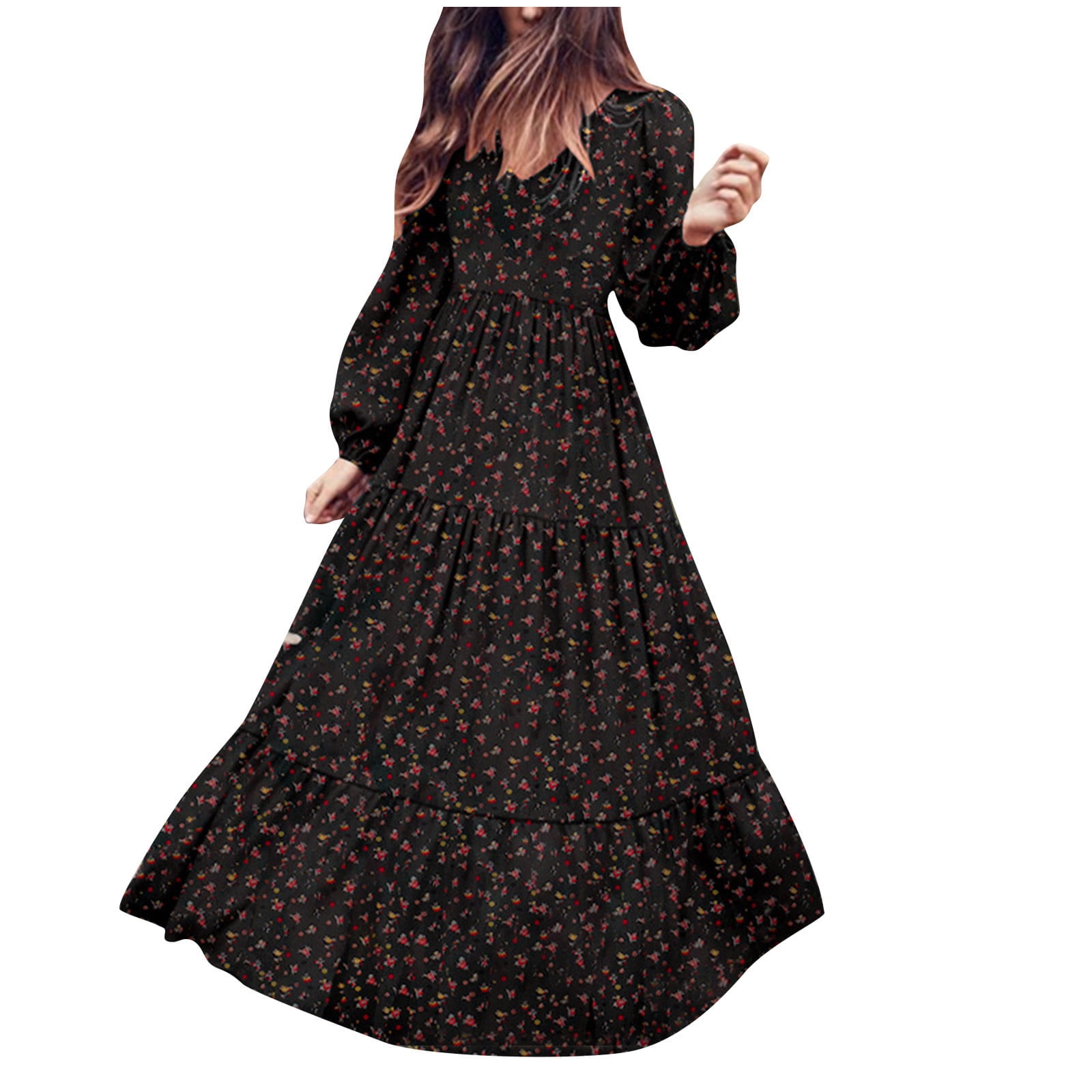 Apexfwdt Long Sleeve Maxi Dress for Women - V Neck Casual Boho Floral Print Fall Long Dresses Women Floral Tiered Smocked Long Dress