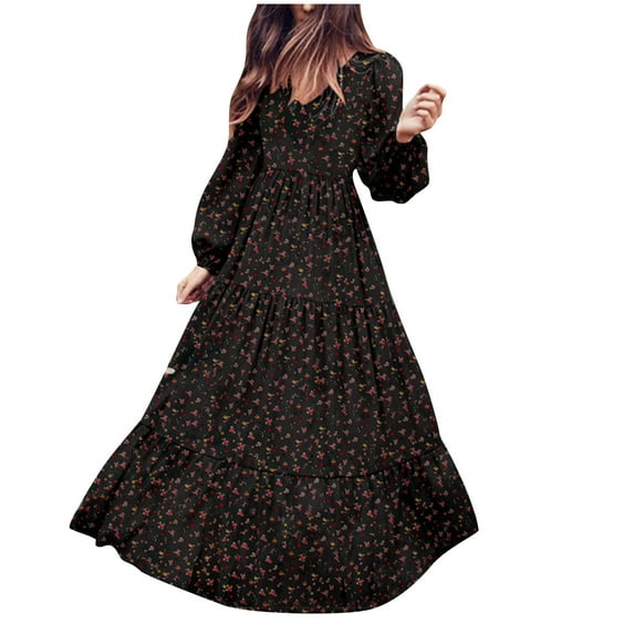 APEXFWDT Long Sleeve Maxi Dress for Women - V Neck Casual Boho Floral Print Fall Long Dresses Women Floral Tiered Smocked Long Dress