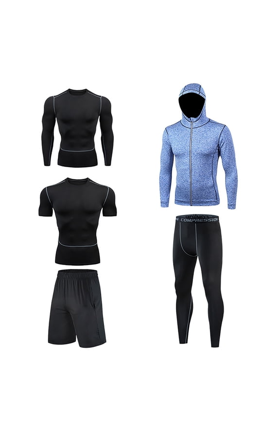 Men Compression Workout Set 5 PCS Quick Dry Shirt Pants Shorts Tights Hoodie Jacket Clothes for Gym Outdoor Sports Running Indoor Fitness