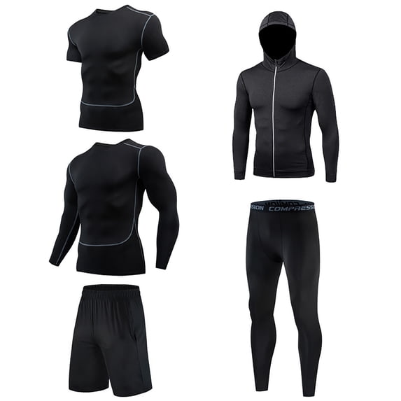 APEXFWDT Men Compression Workout Set 5 PCS Quick Dry Shirt Pants Shorts Tights Hoodie Jacket Clothes for Gym Outdoor Sports Running Indoor Fitness