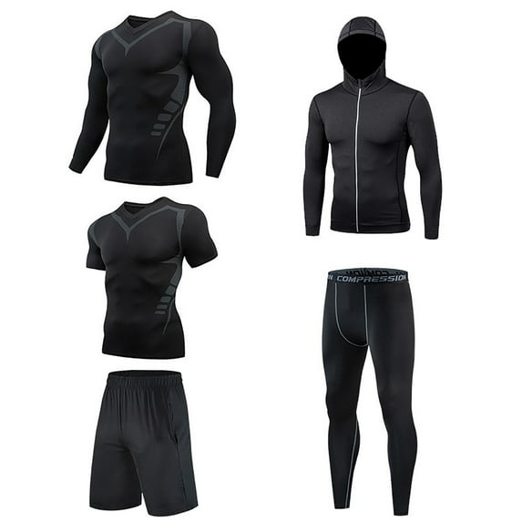 APEXFWDT Men Compression Workout Set 5 PCS Quick Dry Shirt Pants Shorts Tights Hoodie Jacket Clothes for Gym Outdoor Sports Running Indoor Fitness